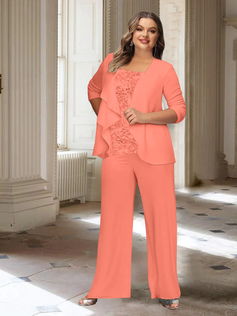 Plus Size Mother of the Bride Chiffon Pantsuit with Long Sleeves and Jacket