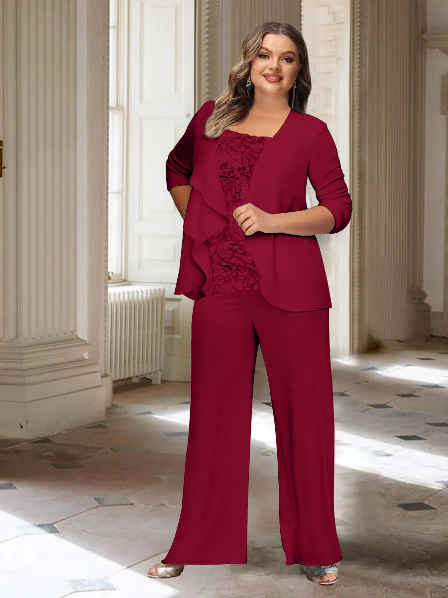 Plus Size Mother of the Bride Chiffon Pantsuit with Long Sleeves and Jacket