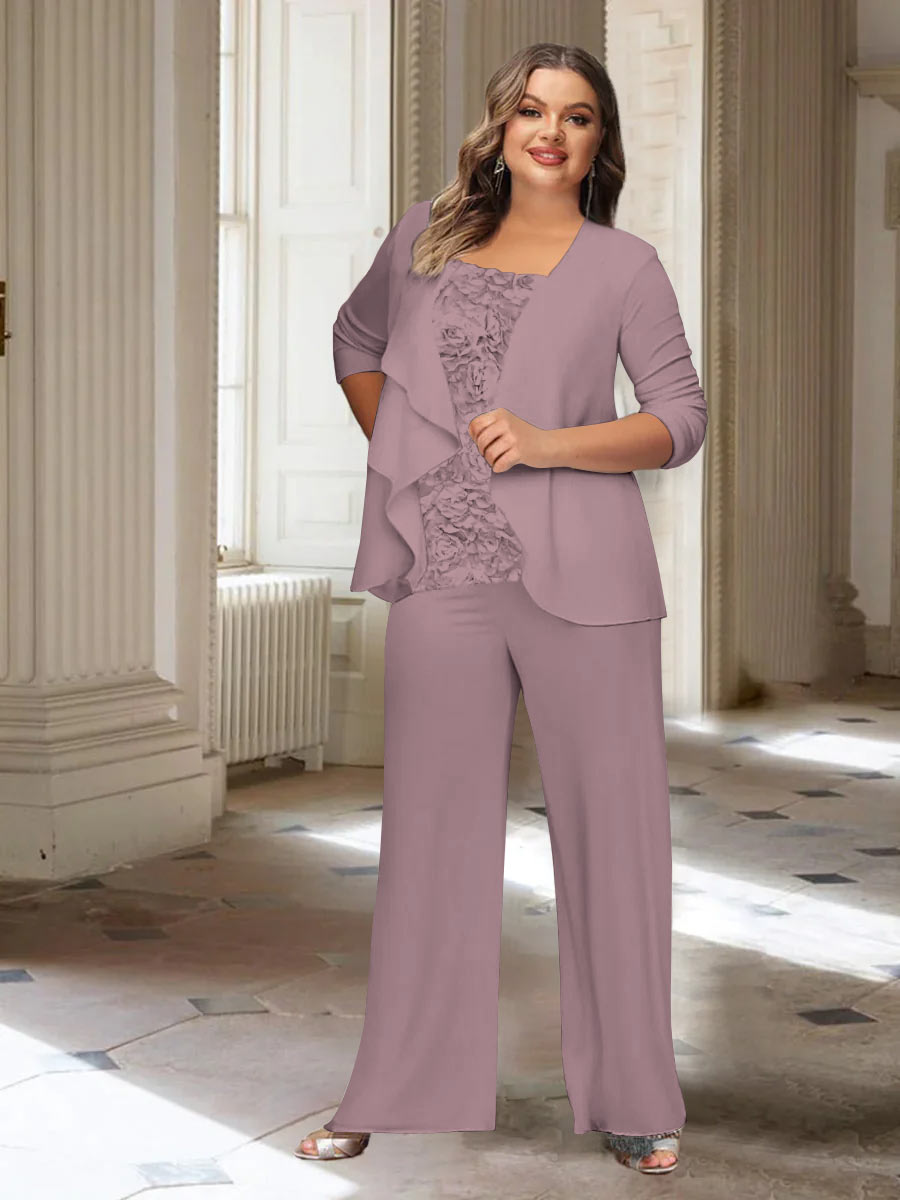 Plus Size Mother of the Bride Chiffon Pantsuit with Long Sleeves and Jacket