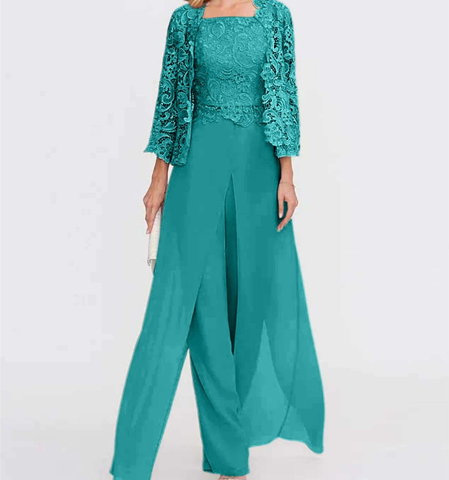 Floor-Length Square Neck Chiffon Mother of the Bride Pantsuit with Jacket & Side Split