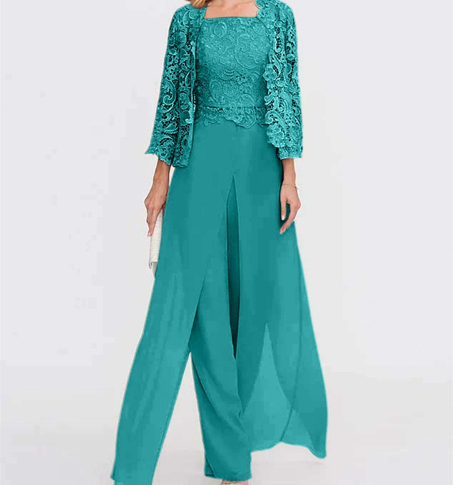 Floor-Length Square Neck Chiffon Mother of the Bride Pantsuit with Jacket & Side Split