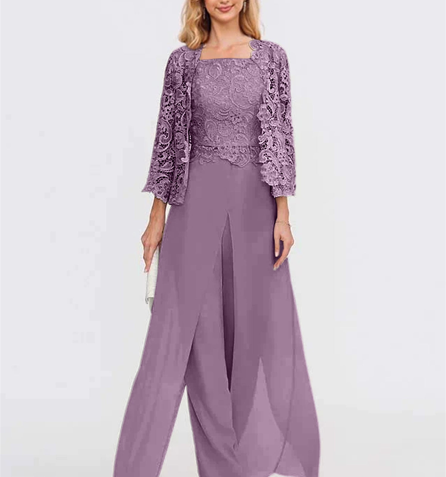 Floor-Length Square Neck Chiffon Mother of the Bride Pantsuit with Jacket & Side Split