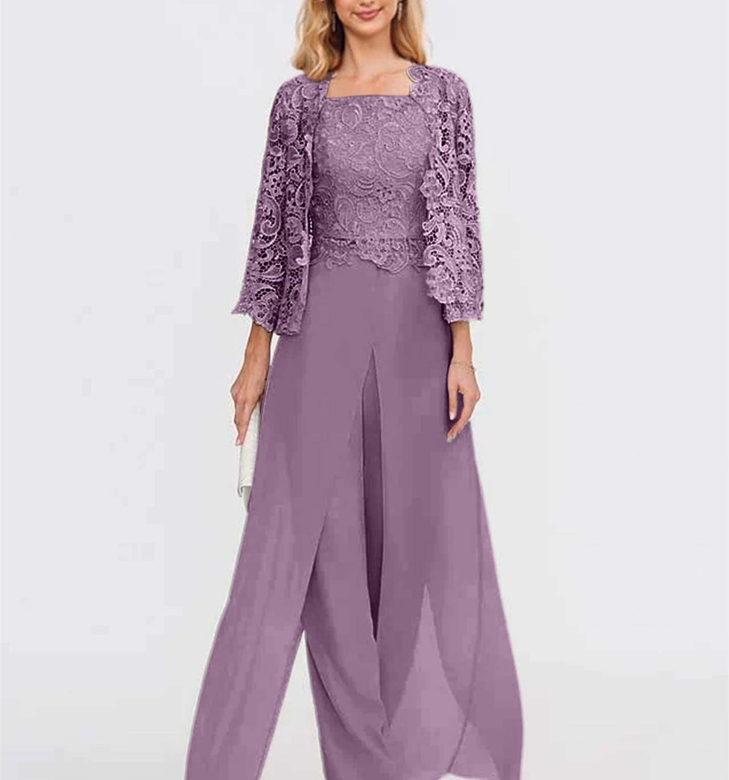 Floor-Length Square Neck Chiffon Mother of the Bride Pantsuit with Jacket & Side Split