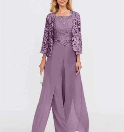 Floor-Length Square Neck Chiffon Mother of the Bride Pantsuit with Jacket & Side Split