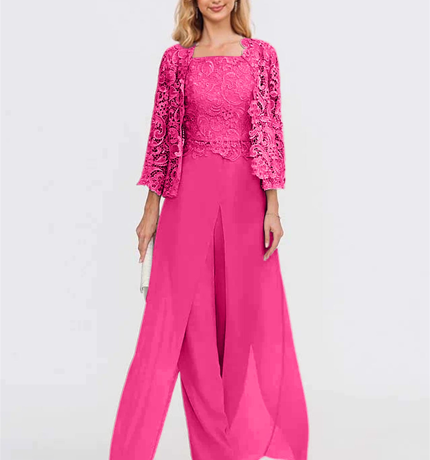 Floor-Length Square Neck Chiffon Mother of the Bride Pantsuit with Jacket & Side Split