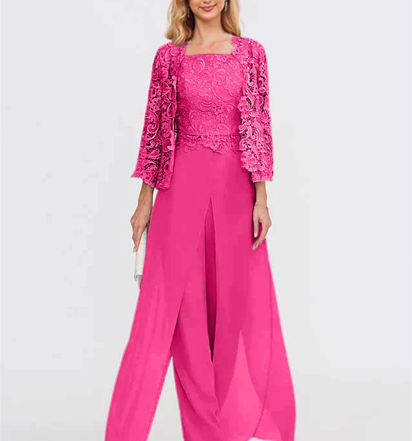 Floor-Length Square Neck Chiffon Mother of the Bride Pantsuit with Jacket & Side Split