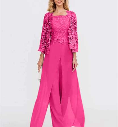 Floor-Length Square Neck Chiffon Mother of the Bride Pantsuit with Jacket & Side Split