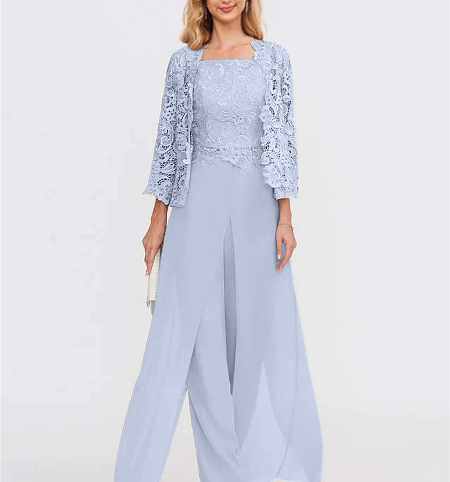 Floor-Length Square Neck Chiffon Mother of the Bride Pantsuit with Jacket & Side Split