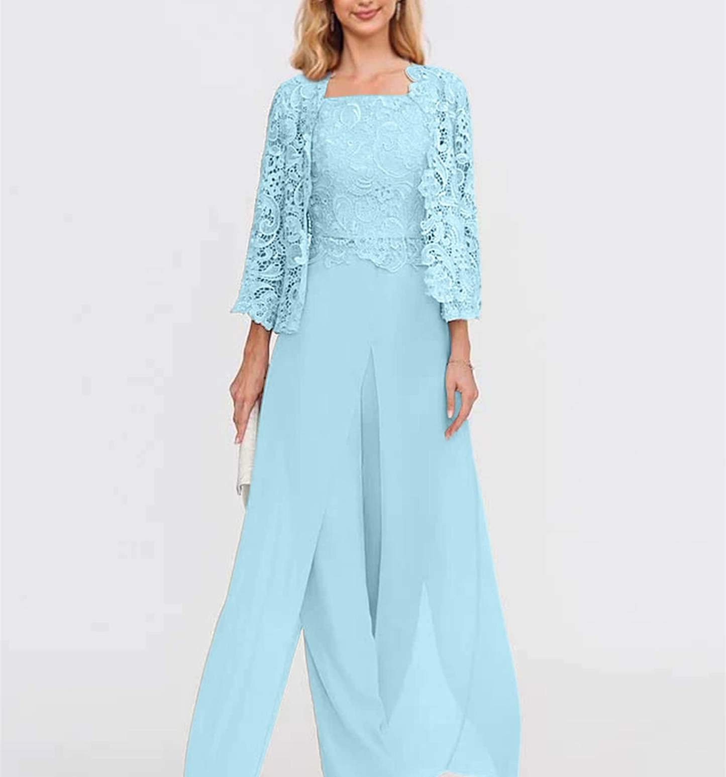 Floor-Length Square Neck Chiffon Mother of the Bride Pantsuit with Jacket & Side Split