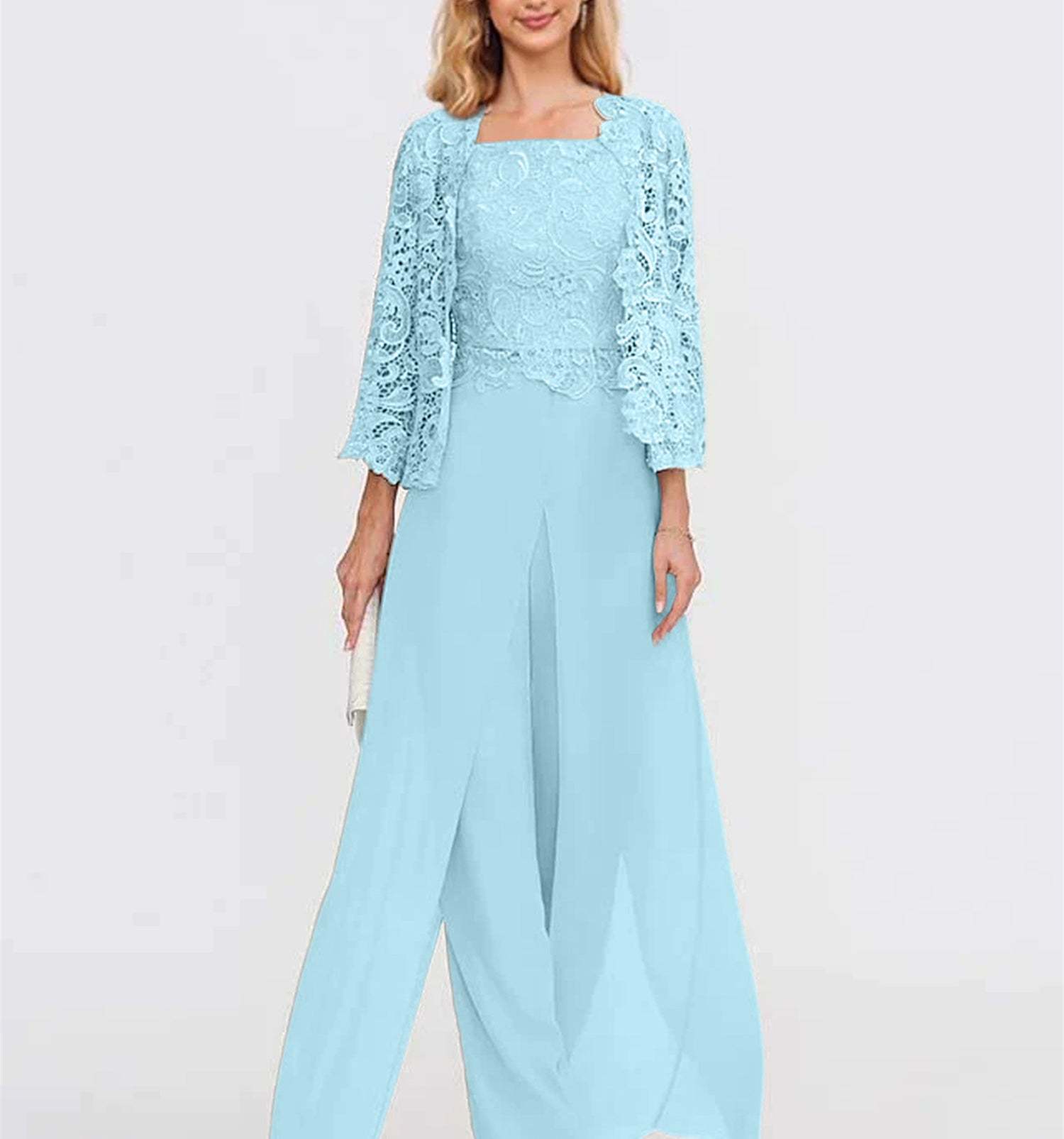 Floor-Length Square Neck Chiffon Mother of the Bride Pantsuit with Jacket & Side Split