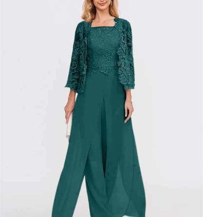 Floor-Length Square Neck Chiffon Mother of the Bride Pantsuit with Jacket & Side Split