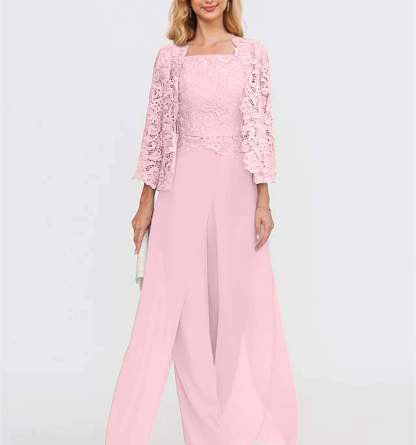 Floor-Length Square Neck Chiffon Mother of the Bride Pantsuit with Jacket & Side Split