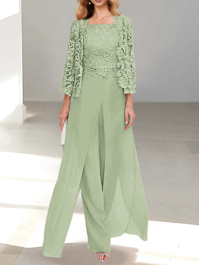 Floor-Length Square Neck Chiffon Mother of the Bride Pantsuit with Jacket & Side Split
