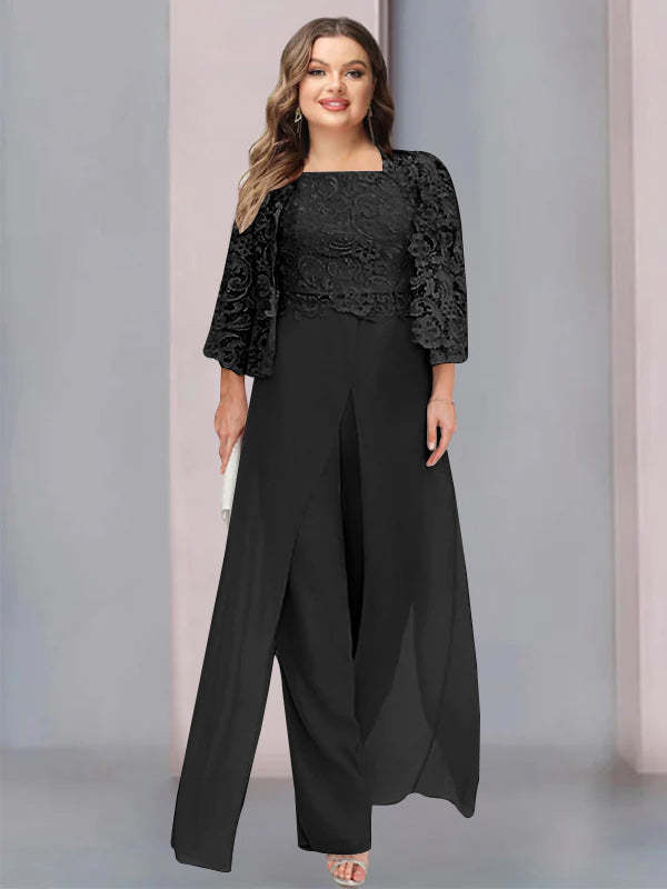 Plus Size Floor-Length Chiffon Pantsuit for the Mother of the Bride with Square Neck and Side Split