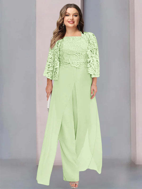 Plus Size Floor-Length Chiffon Pantsuit for the Mother of the Bride with Square Neck and Side Split
