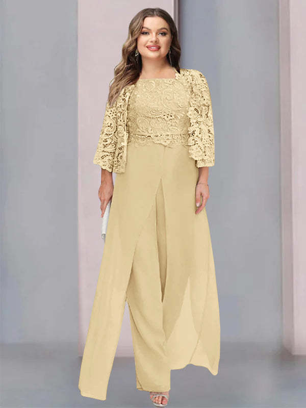 Plus Size Floor-Length Chiffon Pantsuit for the Mother of the Bride with Square Neck and Side Split
