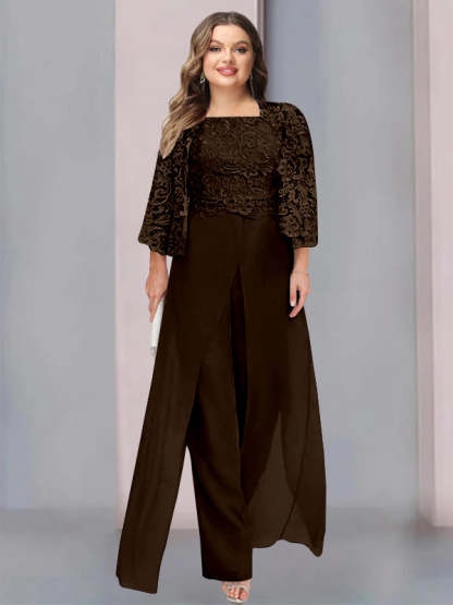 Plus Size Floor-Length Chiffon Pantsuit for the Mother of the Bride with Square Neck and Side Split