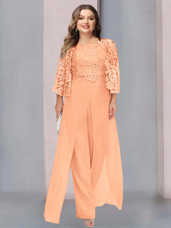 Plus Size Floor-Length Chiffon Pantsuit for the Mother of the Bride with Square Neck and Side Split