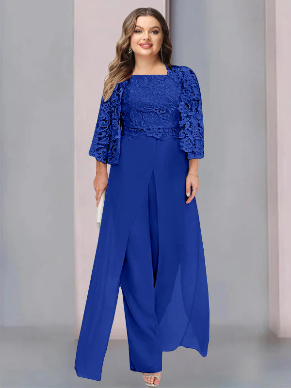 Plus Size Floor-Length Chiffon Pantsuit for the Mother of the Bride with Square Neck and Side Split