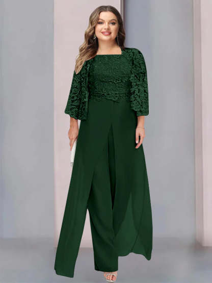 Plus Size Floor-Length Chiffon Pantsuit for the Mother of the Bride with Square Neck and Side Split