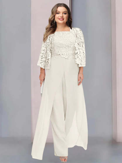 Plus Size Floor-Length Chiffon Pantsuit for the Mother of the Bride with Square Neck and Side Split