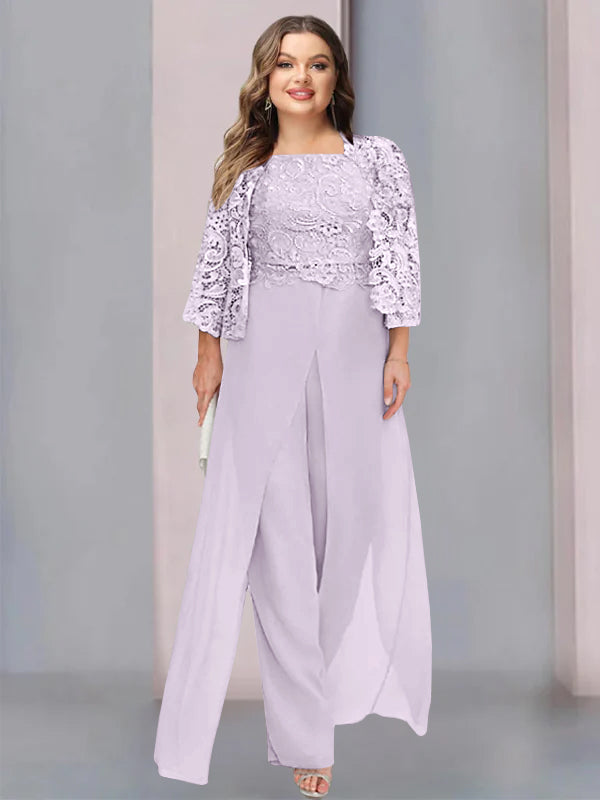 Plus Size Floor-Length Chiffon Pantsuit for the Mother of the Bride with Square Neck and Side Split