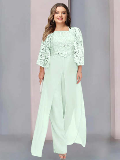 Plus Size Floor-Length Chiffon Pantsuit for the Mother of the Bride with Square Neck and Side Split