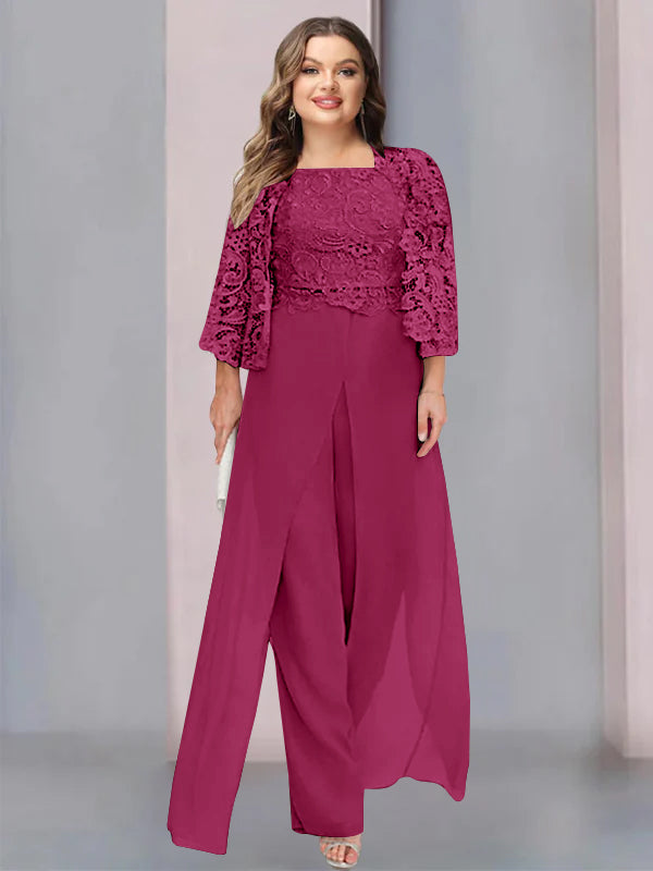 Plus Size Floor-Length Chiffon Pantsuit for the Mother of the Bride with Square Neck and Side Split