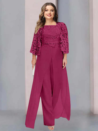 Plus Size Floor-Length Chiffon Pantsuit for the Mother of the Bride with Square Neck and Side Split