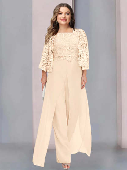 Plus Size Floor-Length Chiffon Pantsuit for the Mother of the Bride with Square Neck and Side Split