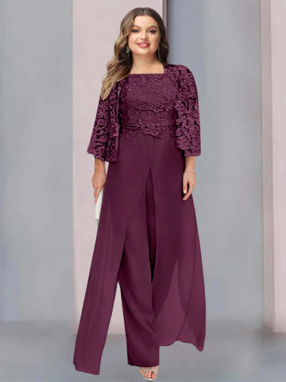 Plus Size Floor-Length Chiffon Pantsuit for the Mother of the Bride with Square Neck and Side Split