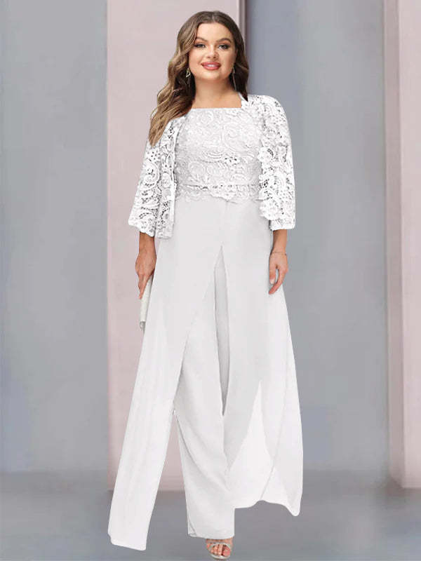 Plus Size Floor-Length Chiffon Pantsuit for the Mother of the Bride with Square Neck and Side Split