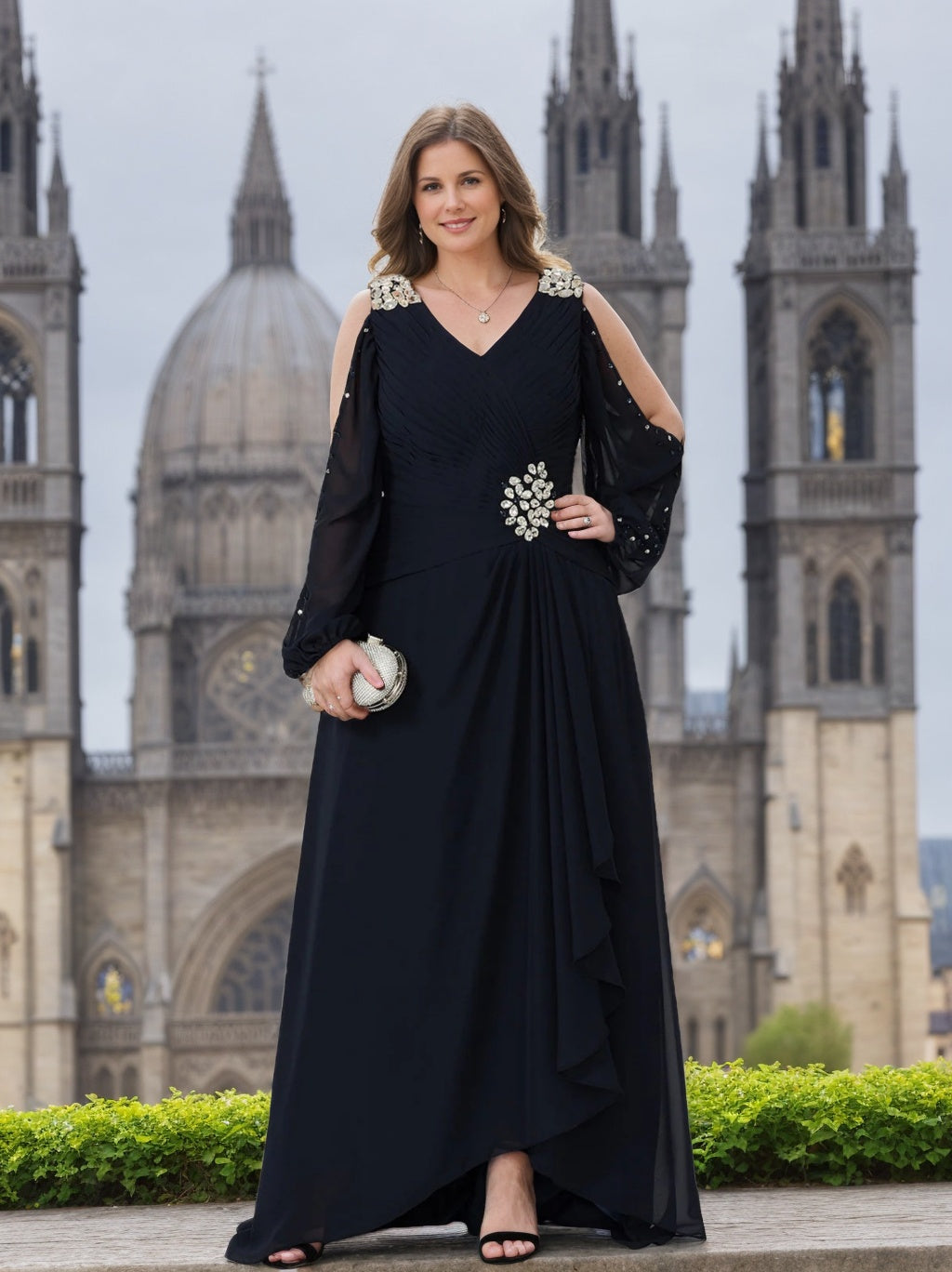 V-Neck A-Line Princess Gown for the Mother of the Bride Embellished with Rhinestones