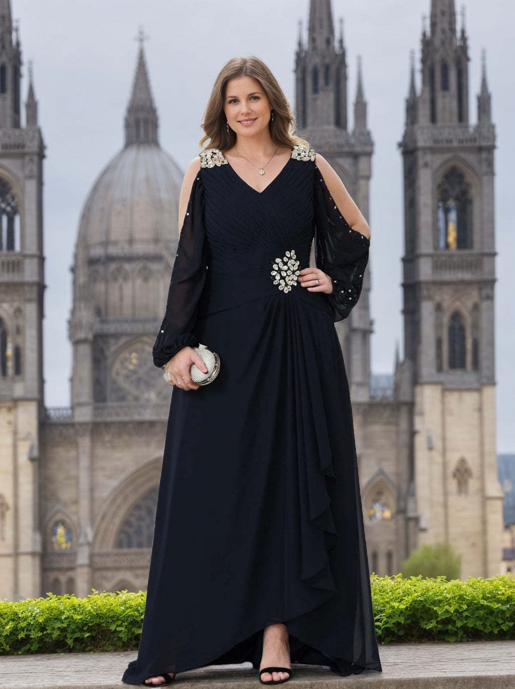 V-Neck A-Line Princess Gown for the Mother of the Bride Embellished with Rhinestones