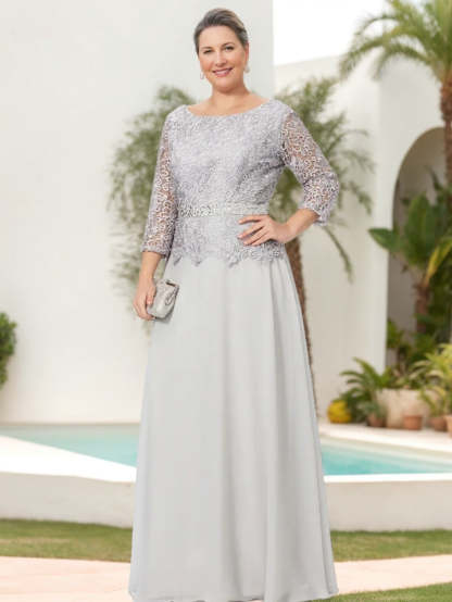 Floor-Length Mother of the Bride A-Line Dress with Round Neck 3/4 Sleeves and Applique & Sequins