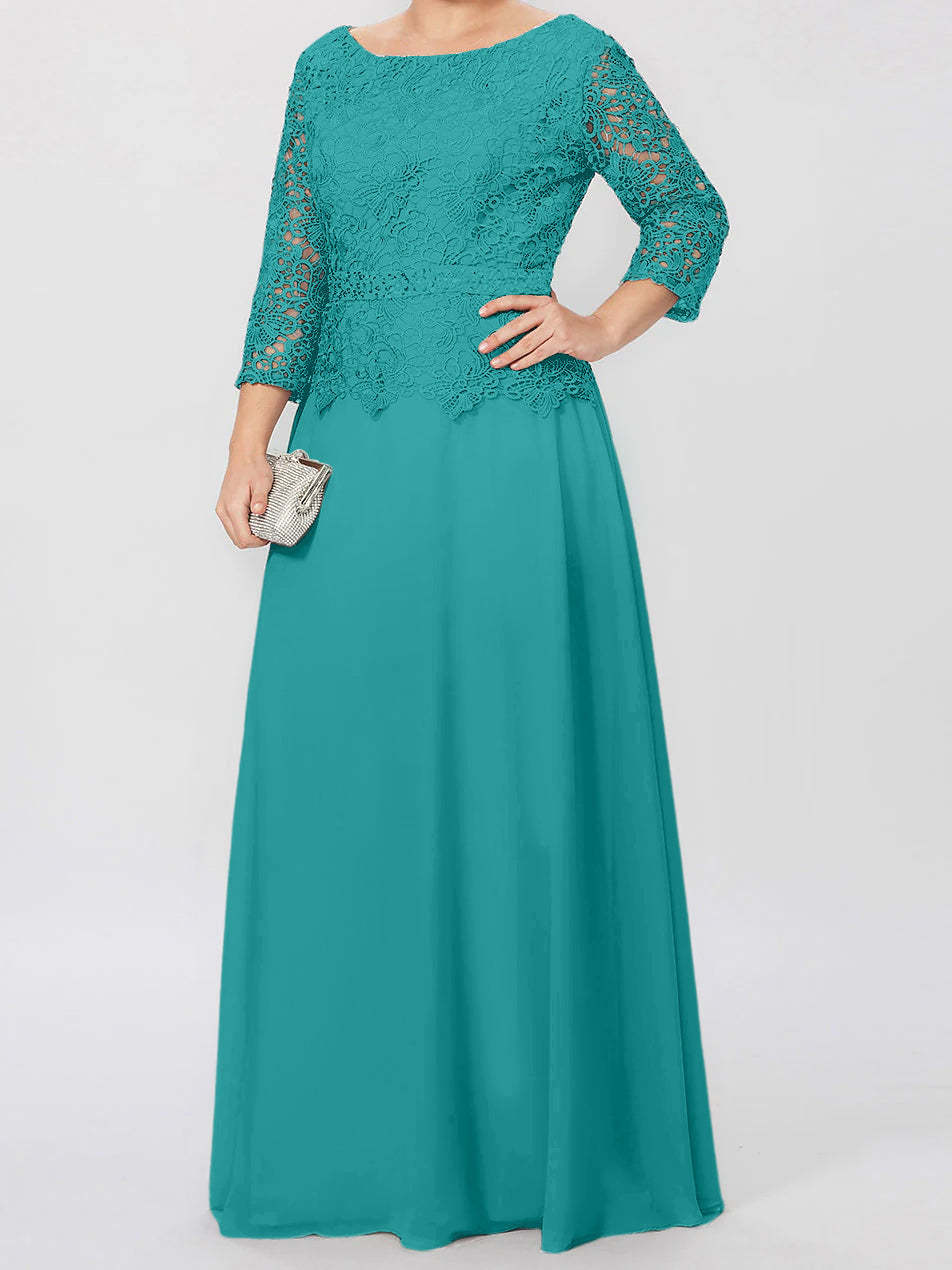 Floor-Length Mother of the Bride A-Line Dress with Round Neck 3/4 Sleeves and Applique & Sequins