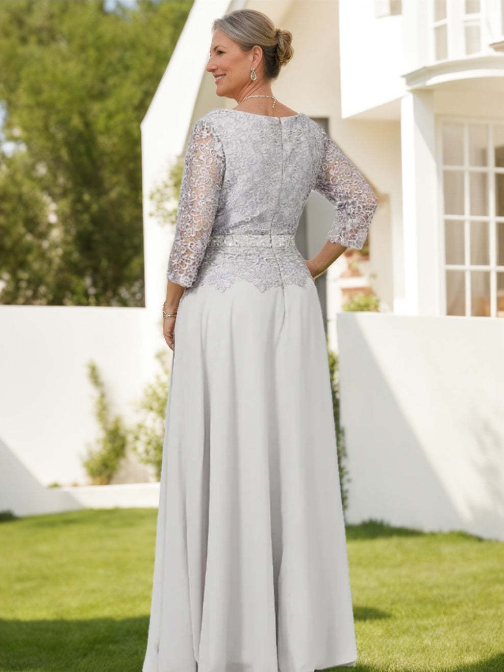 Floor-Length Mother of the Bride A-Line Dress with Round Neck 3/4 Sleeves and Applique & Sequins