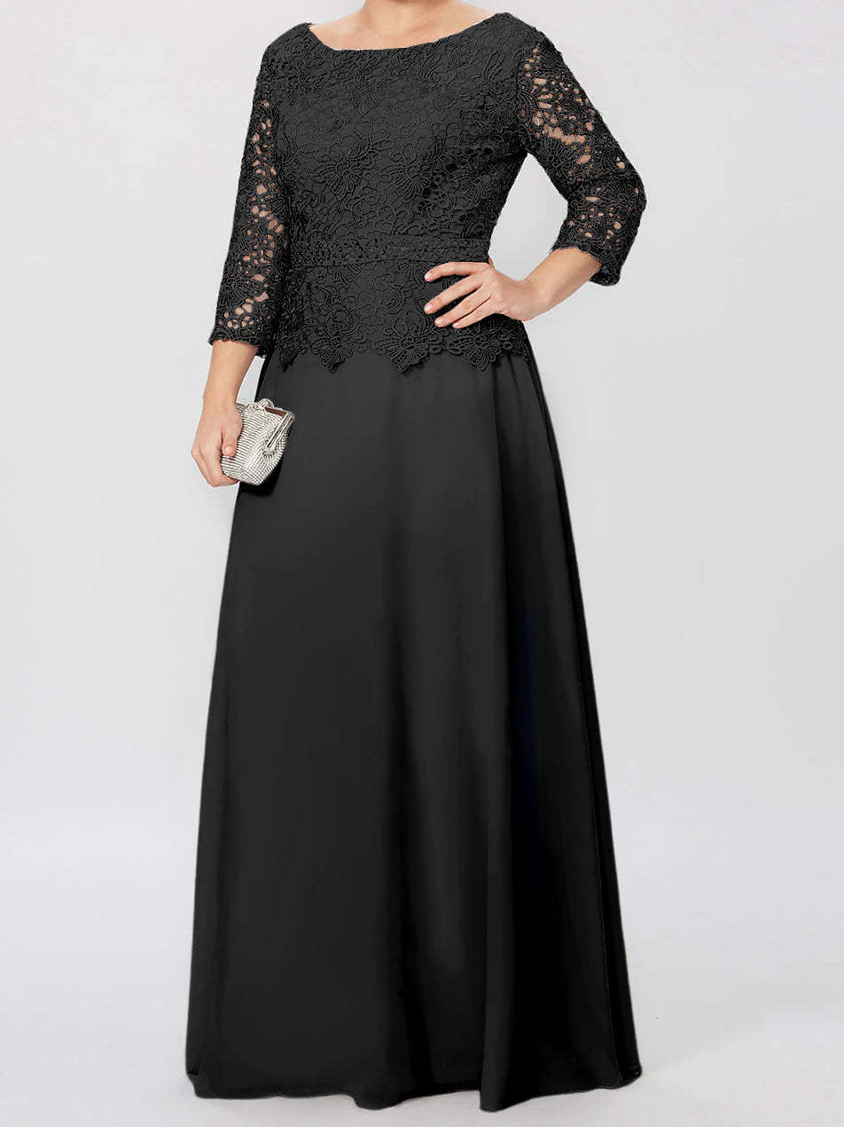 Floor-Length Mother of the Bride A-Line Dress with Round Neck 3/4 Sleeves and Applique & Sequins