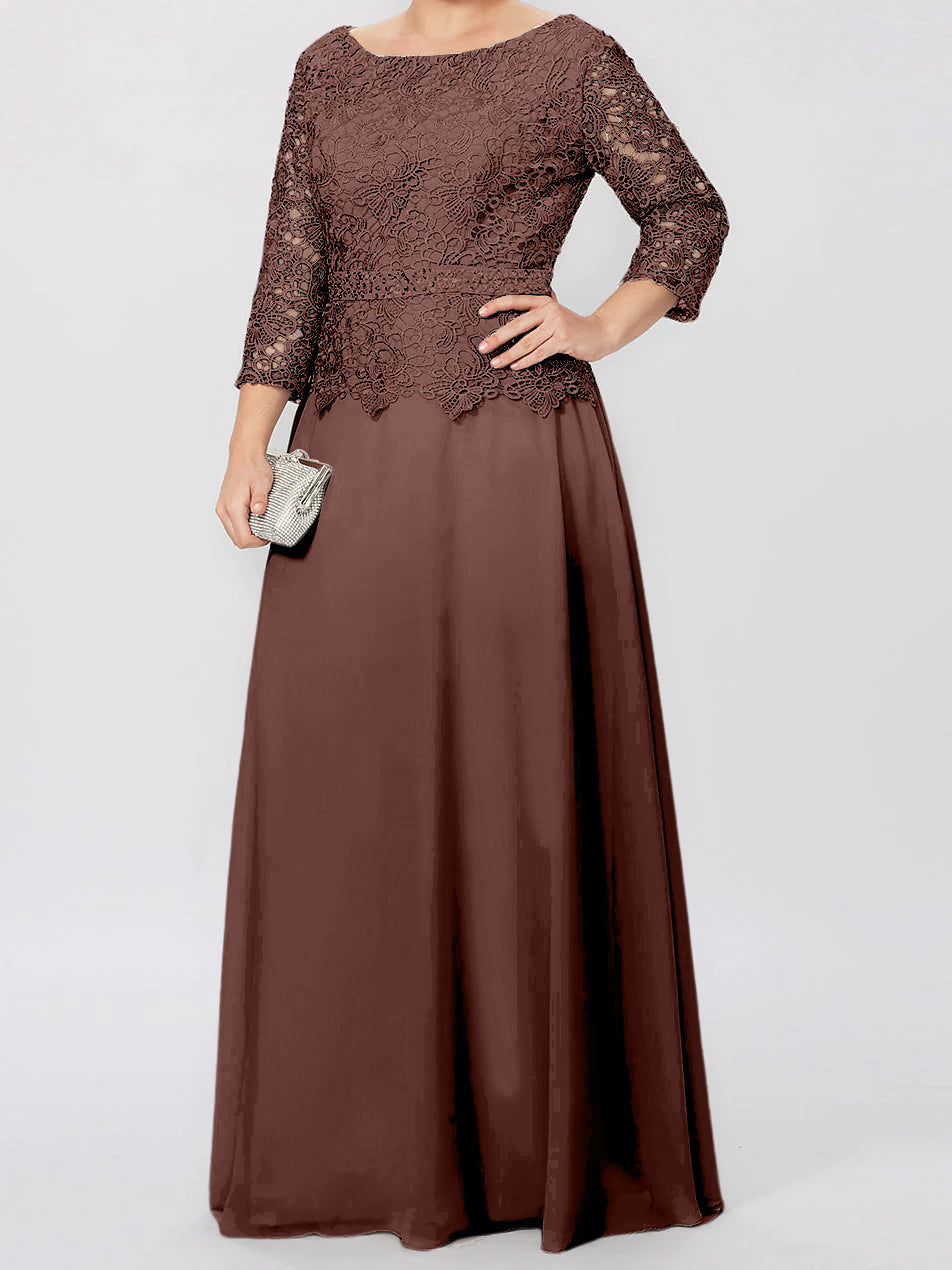 Floor-Length Mother of the Bride A-Line Dress with Round Neck 3/4 Sleeves and Applique & Sequins