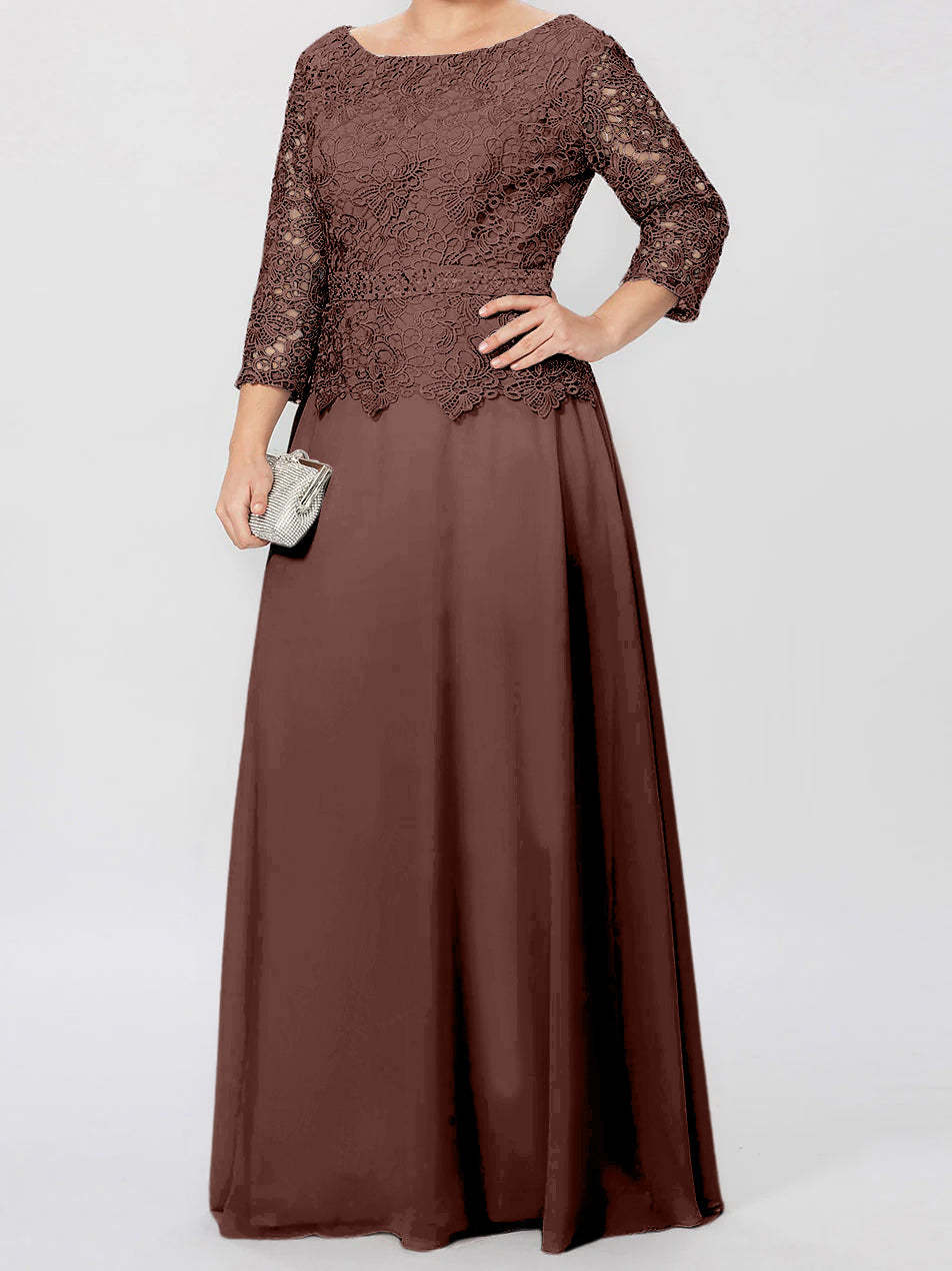 Floor-Length Mother of the Bride A-Line Dress with Round Neck 3/4 Sleeves and Applique & Sequins