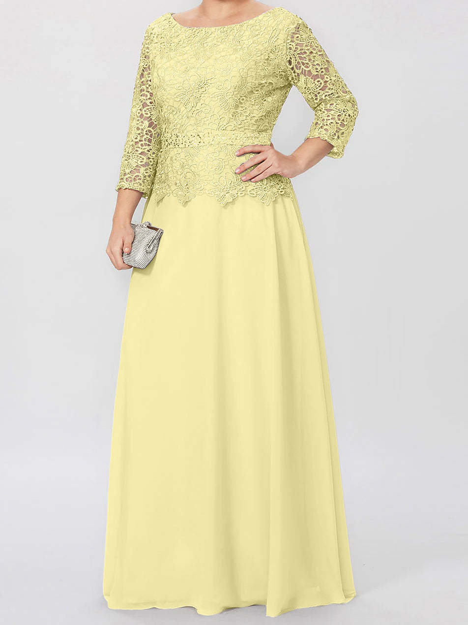 Floor-Length Mother of the Bride A-Line Dress with Round Neck 3/4 Sleeves and Applique & Sequins