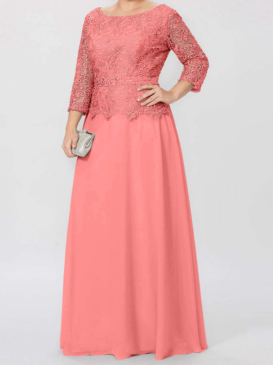 Floor-Length Mother of the Bride A-Line Dress with Round Neck 3/4 Sleeves and Applique & Sequins