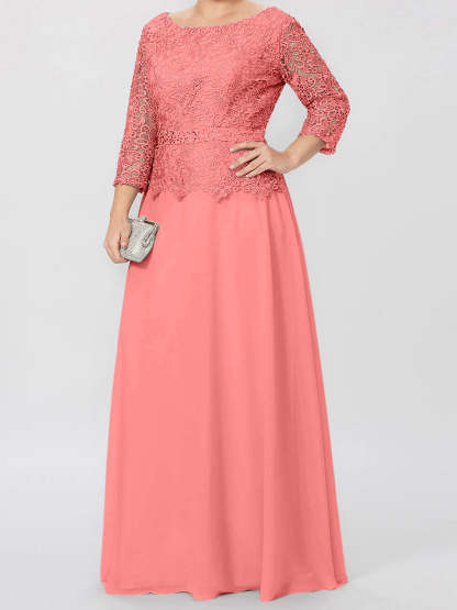 Floor-Length Mother of the Bride A-Line Dress with Round Neck 3/4 Sleeves and Applique & Sequins
