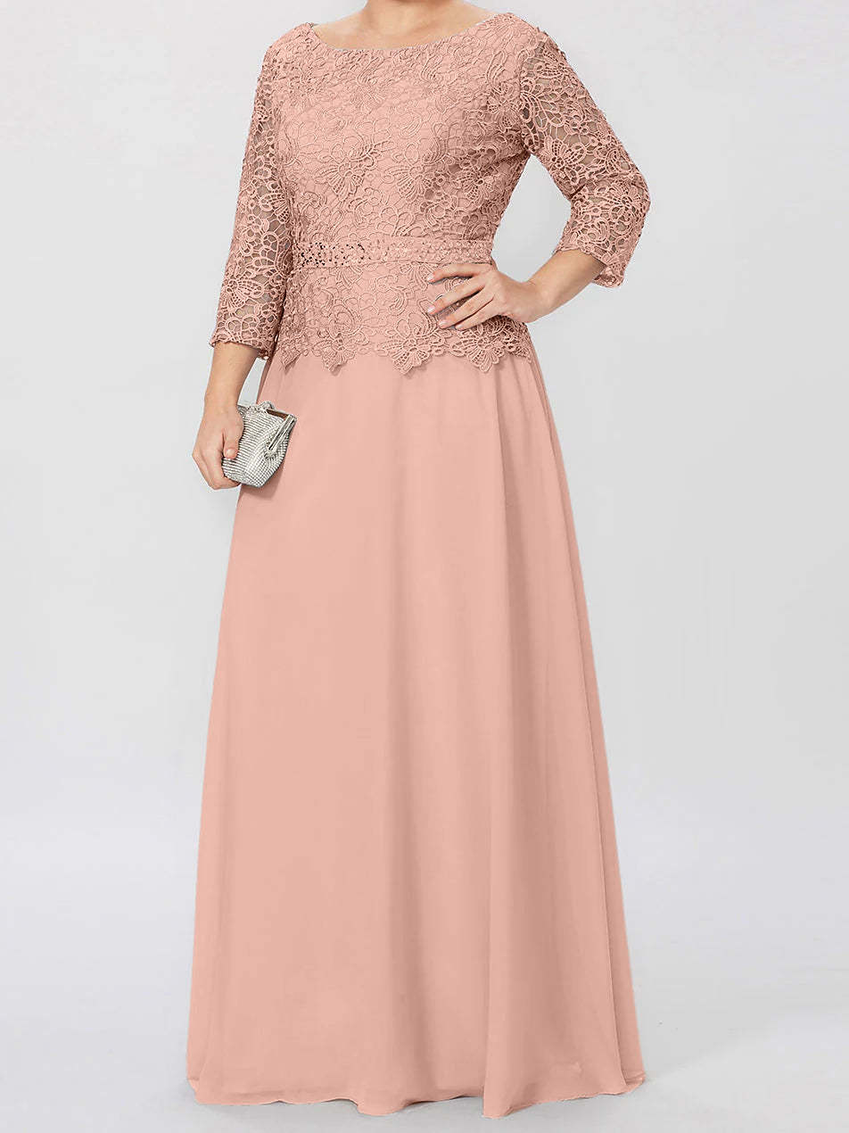 Floor-Length Mother of the Bride A-Line Dress with Round Neck 3/4 Sleeves and Applique & Sequins