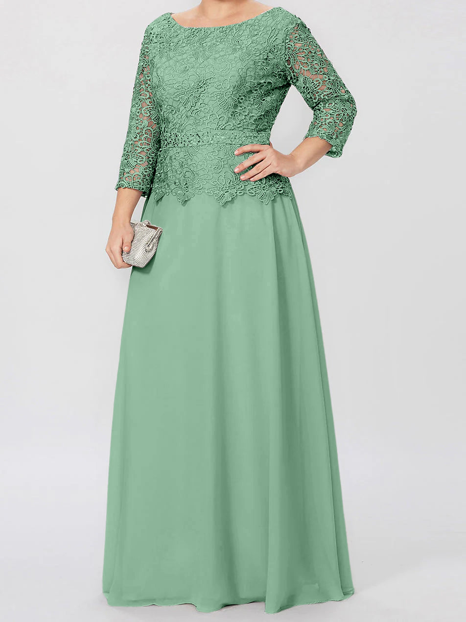 Floor-Length Mother of the Bride A-Line Dress with Round Neck 3/4 Sleeves and Applique & Sequins