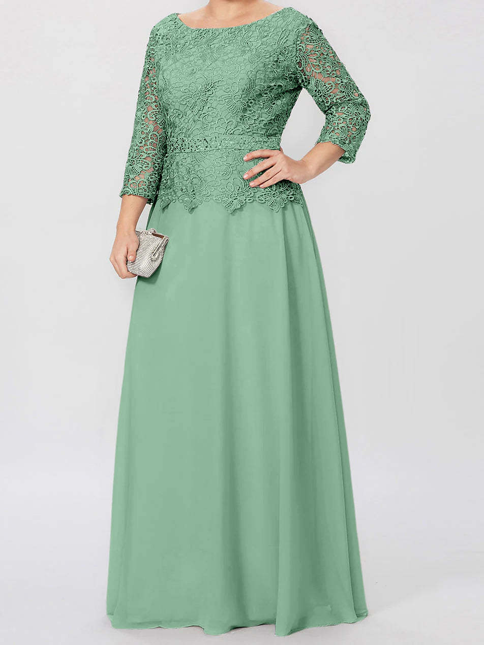 Floor-Length Mother of the Bride A-Line Dress with Round Neck 3/4 Sleeves and Applique & Sequins