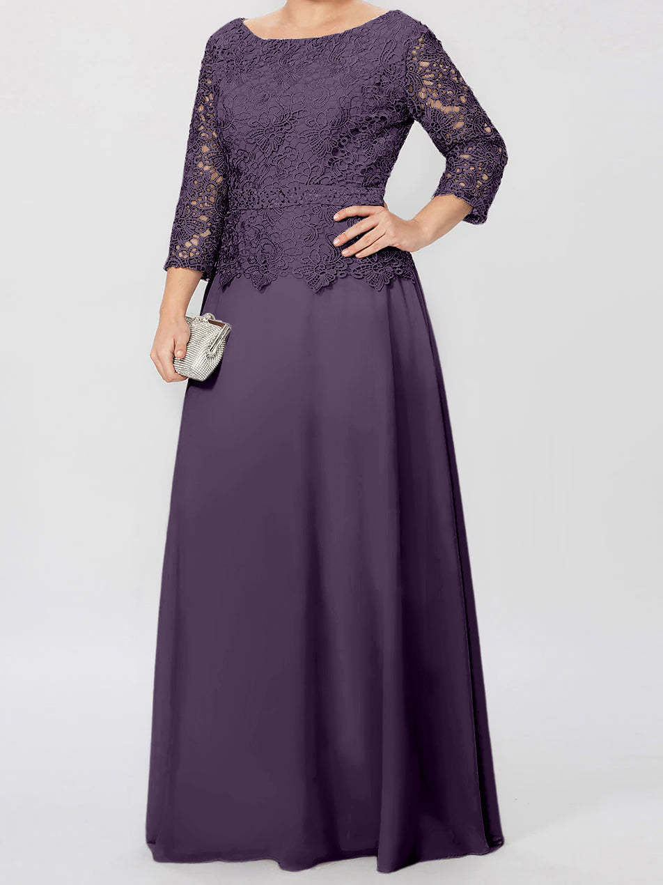 Floor-Length Mother of the Bride A-Line Dress with Round Neck 3/4 Sleeves and Applique & Sequins