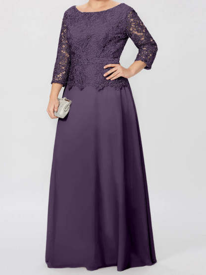 Floor-Length Mother of the Bride A-Line Dress with Round Neck 3/4 Sleeves and Applique & Sequins