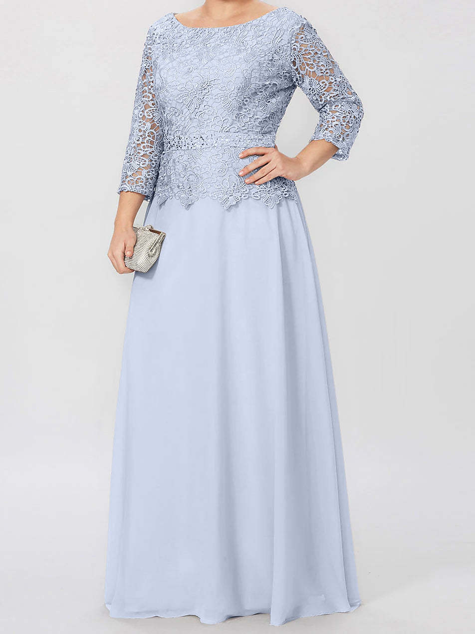 Floor-Length Mother of the Bride A-Line Dress with Round Neck 3/4 Sleeves and Applique & Sequins