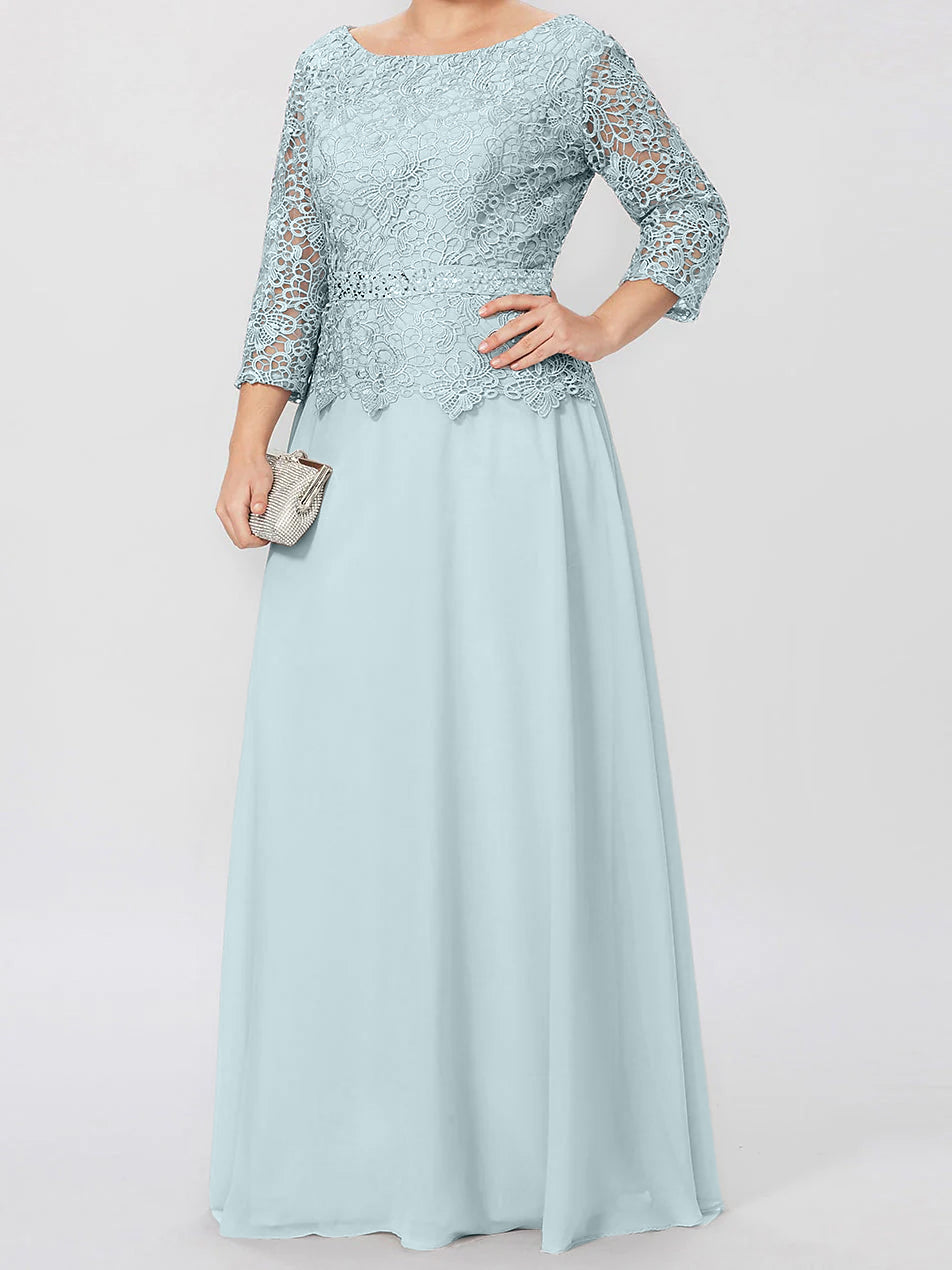 Floor-Length Mother of the Bride A-Line Dress with Round Neck 3/4 Sleeves and Applique & Sequins